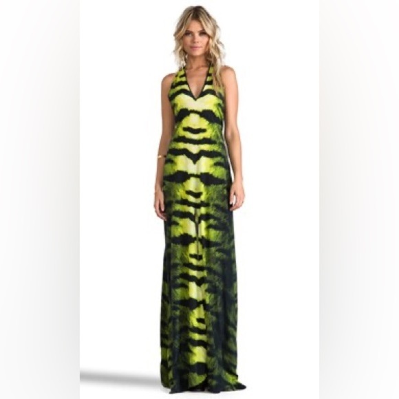 ALEXIS Maxi 100% Silk maxi dress halter top deep v neck open back leopard print - Picture 1 of 5